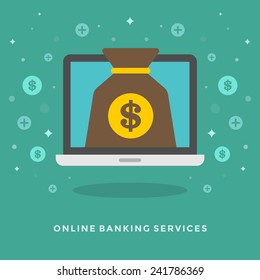 Flat design vector business illustration concept Online banking services and laptop for website and promotion banners.