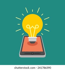 Flat design vector business illustration concept Creative idea with light lamp bulb and smart phone for website and promotion banners.