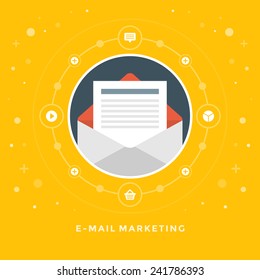Flat design vector business illustration concept E-mail marketing open envelope and letter for website and promotion banners.