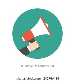 Flat design vector business illustration concept Digital marketing business man holding megaphone for website and promotion banners.