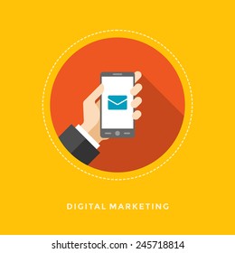 Flat design vector business illustration concept Digital marketing hand hold smart phone and envelope icon for website and promotion banners. 