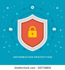 Flat design vector business illustration concept Information protection shield and lock icon for website and promotion banners. 