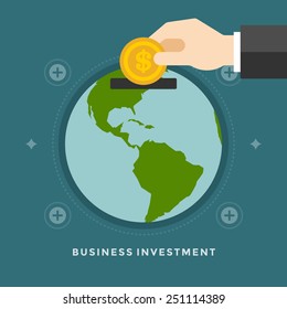 Flat design vector business illustration concept Investment hand hold money coin for website and promotion banners. 