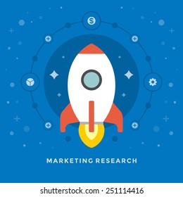 Flat design vector business illustration concept Marketing research startup rocket for website and promotion banners. 
