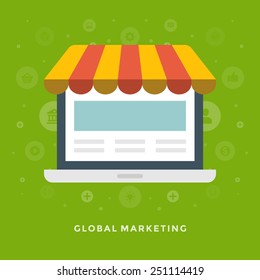 Flat design vector business illustration concept Global marketing internet shopping for website and promotion banners. 