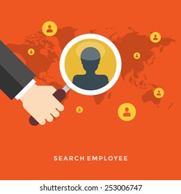 Flat design vector business illustration concept Search employee hand holding magnifier glass and user icons for website and promotion banners. 