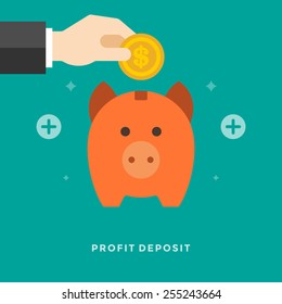 Flat design vector business illustration concept Profit deposit Piggy bank and hand holding money coin for website and promotion banners. 