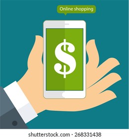 Flat design vector business illustration concept Online banking payments services hand hold smart phone for website and promotion banner.