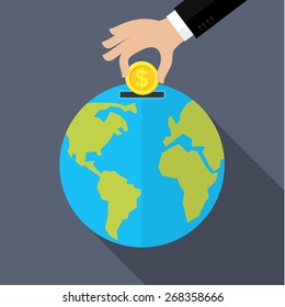 Flat design vector business illustration concept Investment hand hold money coin for website and promotion banners.