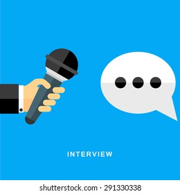 Flat design vector business illustration concept Interview hand holding microphone. 