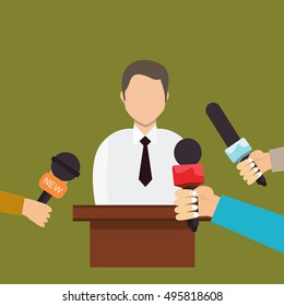 Flat design vector business illustration concept Business man answering questions or giving interview with hands holding microphones for website and promotion banners.
