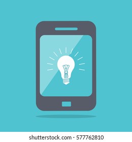 Flat design vector business illustration concept Creative idea with light lamp bulb in phone, tablet for website and promotion banners.