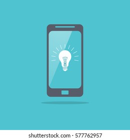 Flat design vector business illustration concept Creative idea with light lamp bulb in phone, tablet for website and promotion banners.