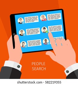 Flat design vector business illustration concept, mobile gadgets helping to find people