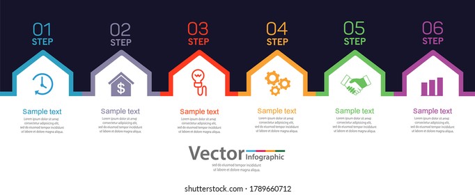 Planilla de infografía de vectores de diseño plano con 6 pasos. Se puede utilizar para procesos de flujo de trabajo, banner, diagrama, opciones de número, plan de trabajo, diseño web.

