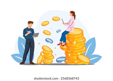 Flat design vector of business teamwork with a stack of gold coins, symbolizing financial growth and prosperity.