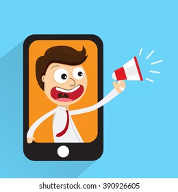 Flat design vector. businessman holding megaphone, smartphone notification for website and promotion banners.