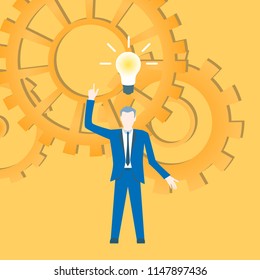 Flat design vector with a businessman inventing an idea with cogwheels in the background.