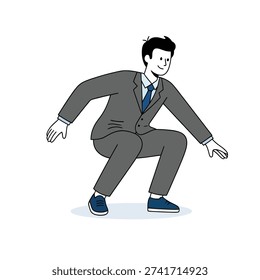Flat design vector of a businessman in a suit crouching in a starting position, symbolizing readiness for competition and business start.