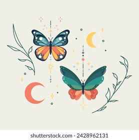 flat design vector butterfly design bohemian drawing