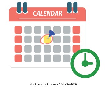 Flat design vector of calendar to show appointments date and times with reminder clock