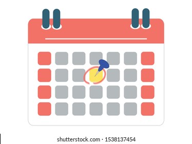Flat design vector of calendar to show appointments date reminder with pin on the calendar