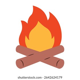 Flat design vector campfire icon with flames and logs. Clipart image isolated on background.