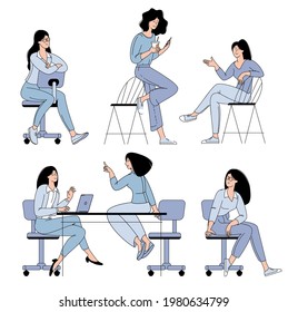 Flat design vector cartoon characters of young women working in office, co-working space or remotely at home, freelance.