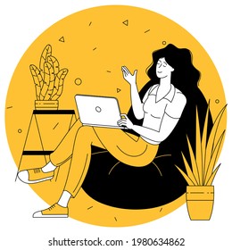 Flat design vector cartoon concept of a young woman with a laptop on a sofa. Remote working and relax, studying, education, work from home, healthy lifestyle.