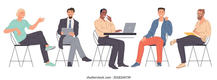 Flat design vector cartoon diverse characters of young men working in office.