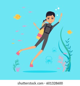 Flat design. Vector character deep-sea diver with a camera for filming underwater flora and fauna. Diver in fins, mask and scuba diving. Around the jellyfish, algae and tropical fish