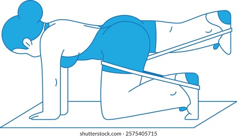 Flat design vector character or icon illustration of female doing kickback using band for a glutes workout