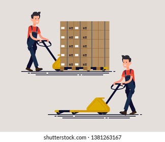 Flat design vector character of logistics specialist carrying stack of goods on pallet using pallet jack. Shipment, storage and logistics illustration