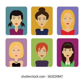 Flat design vector characters. Digital people. Set of women portraits.