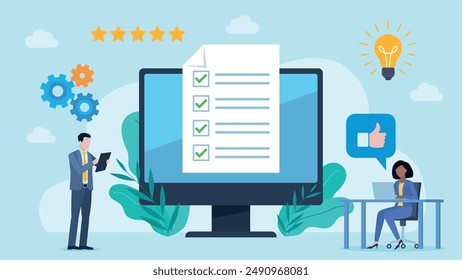 Flat design vector. Checklist on monitor screen. Businessman standing with tablet, woman is sitting and working on laptop. Around them are 5 star review, cogs, bulb and thumbs up icon.