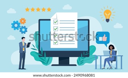 Flat design vector. Checklist on monitor screen. Businessman standing with tablet, woman is sitting and working on laptop. Around them are 5 star review, cogs, bulb and thumbs up icon.