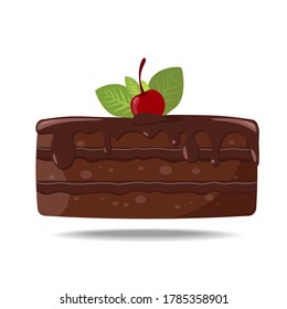 Flat design vector of chocolate brownies with mint leaf and cherry as topping, illustration of homemade sweet and dessert