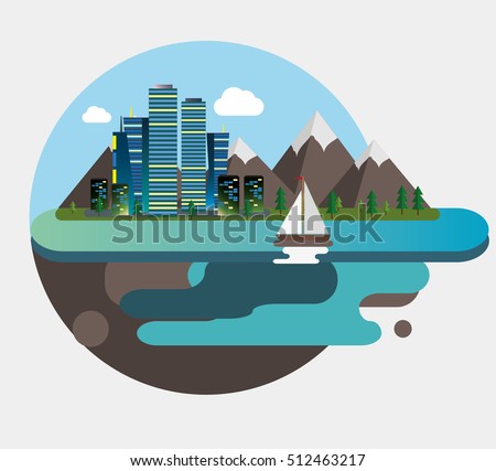 Flat design vector. City port near the mountains buildings and yacht .