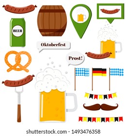 Flat design vector clip art oktoberfest set illustration grilled sausage, sausage on a fork, glass of beer, beer can, signs, german flag, garland, soft pretzel, mustache, wood barrel isolated on white