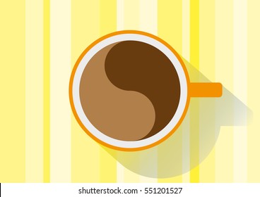 Flat design vector coffee in orange mug on yellow stripes background
