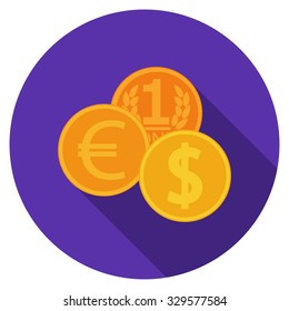 Flat design vector coins icon with long shadow, isolated