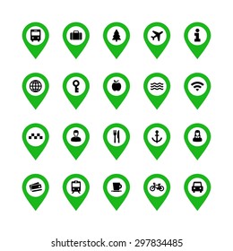 Flat design vector collection of different transport and way finding map pointers with icons.
Cars, taxis,bus, train, people and other travel icons.