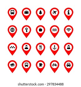 Flat Design Vector Collection Of Different Transport And Way Finding Map Pointers With Icons.
Cars, Taxis,bus, Train, People And Other Travel Icons.