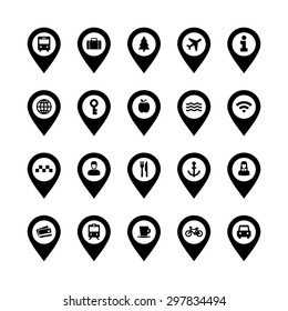 Flat design vector collection of different transport and way finding map pointers with icons.
Cars, taxis,bus, train, people and other travel icons.
