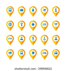 Flat design vector collection of different transport and way finding map pointers with icons. Cars, taxis,bus, train, people and other travel icons.