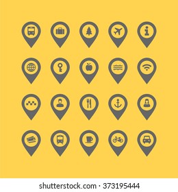 Flat Design Vector Collection Of Different Transport And Way Finding Map Pointers With Icons.
Cars, Taxis,bus, Train, People And Other Travel Icons.