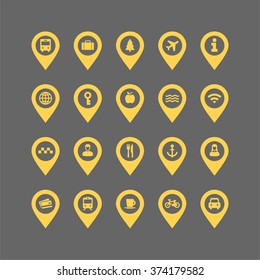 Flat Design Vector Collection Of Different Transport And Way Finding Map Pointers With Icons.
Cars, Taxis,bus, Train, People And Other Travel Icons.