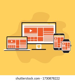 Flat design vector collection of modern digital devices. Computer, laptop, tablet, smartphone, smart watches