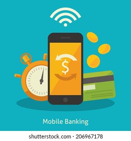 Flat design vector colored illustration concept for mobile banking and online payment isolated on bright background