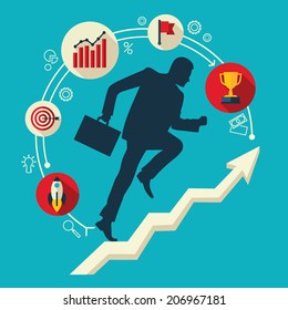 Flat design vector colored illustration of businessman running up along arrow surrounded by business icons. Concept for successful business, professional growth, career achievements